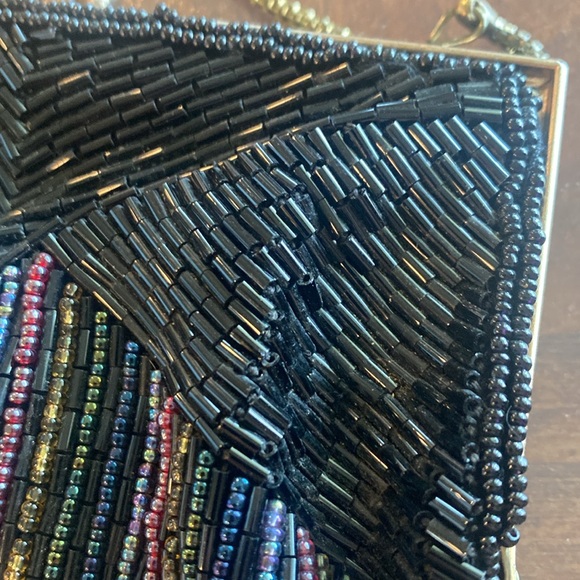 Vintage Black and multi Beaded Purse antique Gold tone Chain Shoulder Strap - Picture 9 of 16